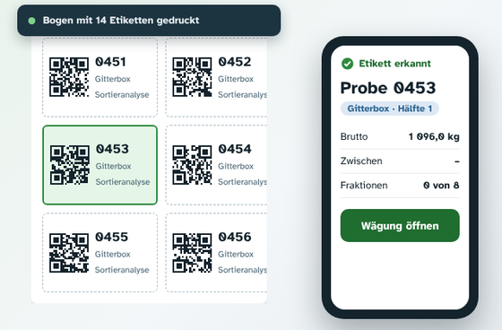 Animated sample view: a label sheet is printed, the phone scans a QR code and opens the right sample.