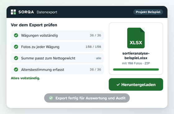 Animated sample view: the app checks all details before exporting, a gap is filled, then the Excel file is created.