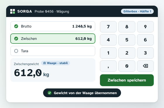 Animated sample view: the gross weight is typed in, a photo is saved, the intermediate weight comes from the scale.